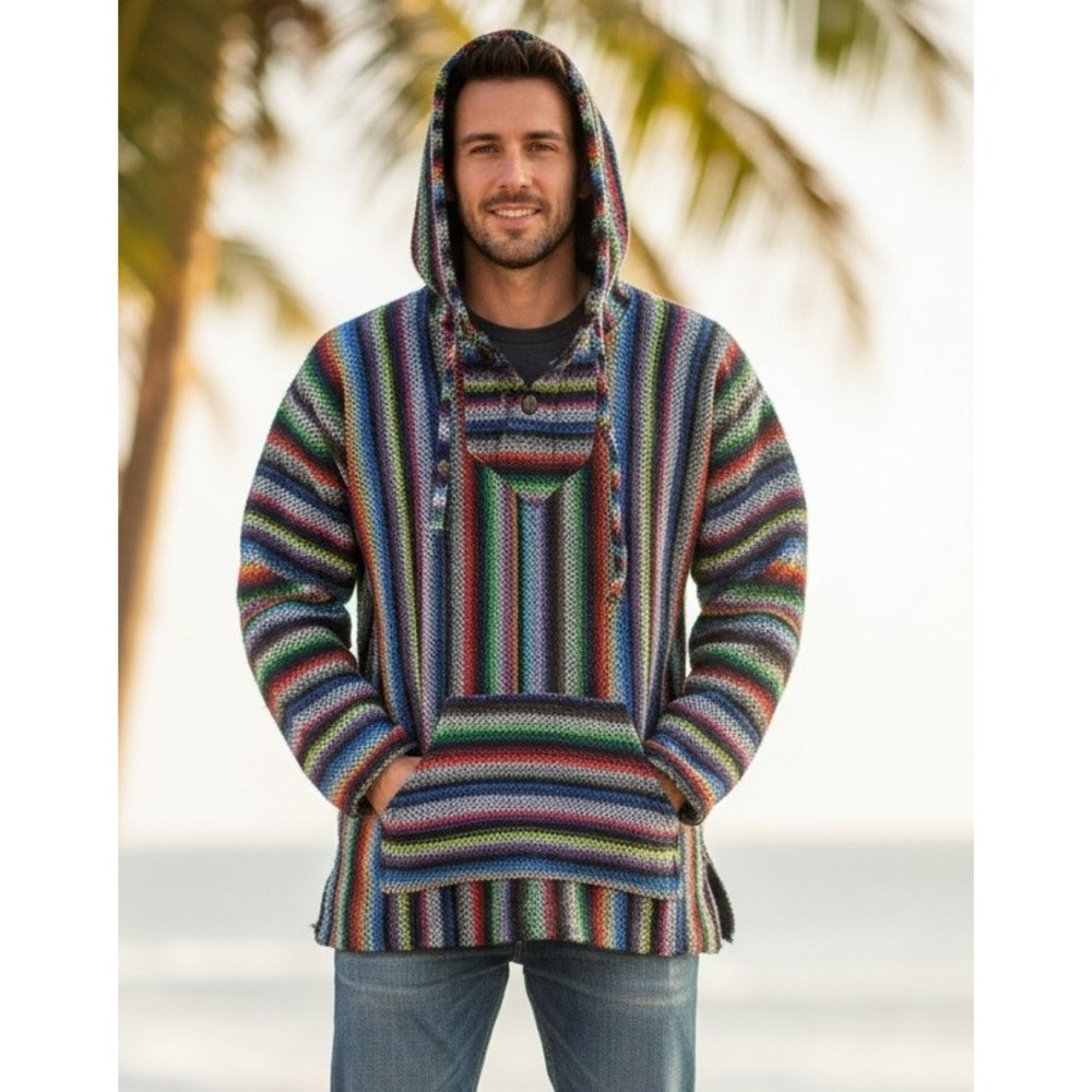 Vintage ART-MAZ Mexican Baja Hoodie Poncho Colorful Striped Hippie‎ Men's Size M